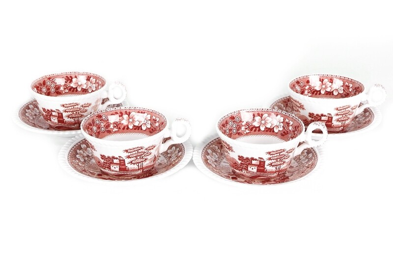4 Vintage Spode Pink Tower Cups and Saucers Pink Transferware