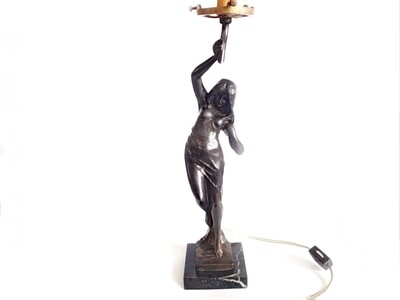 Art Nouveau Lady Table Lamp on Black Marble Signed Germany