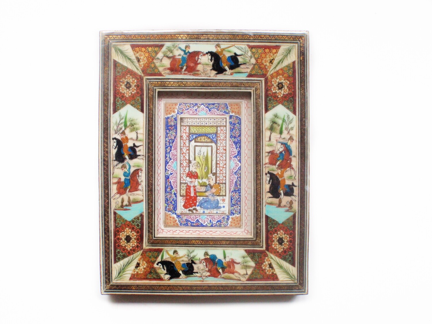 Vintage Persian Khatam Frame Miniature Chogan Painting on Bone