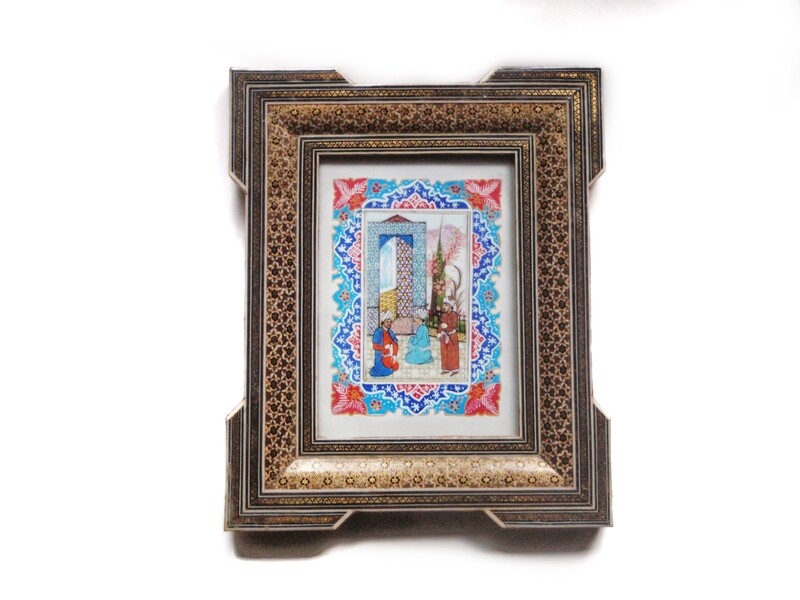 Persian Middle Eastern Scholars Art in Elaborate Khatam Frame