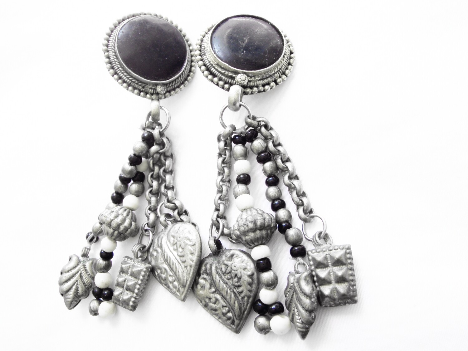 Vintage Obsidian Boho Hippie Clip On Earrings