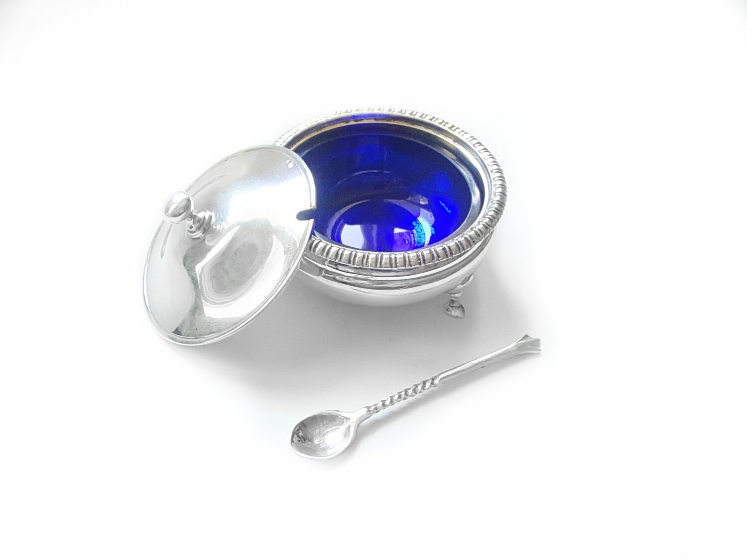 Art Deco 3 pc Sterling Cobalt Glass Salt Bowl, Spoon and Lid