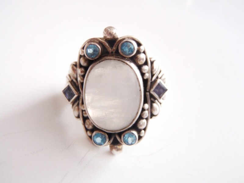 Bohemian statement ring - blue topaz, amethyst set in silver