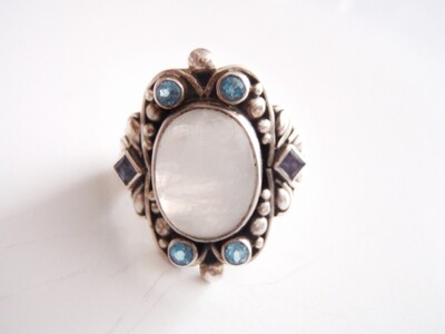 Bohemian statement ring - blue topaz, amethyst set in silver