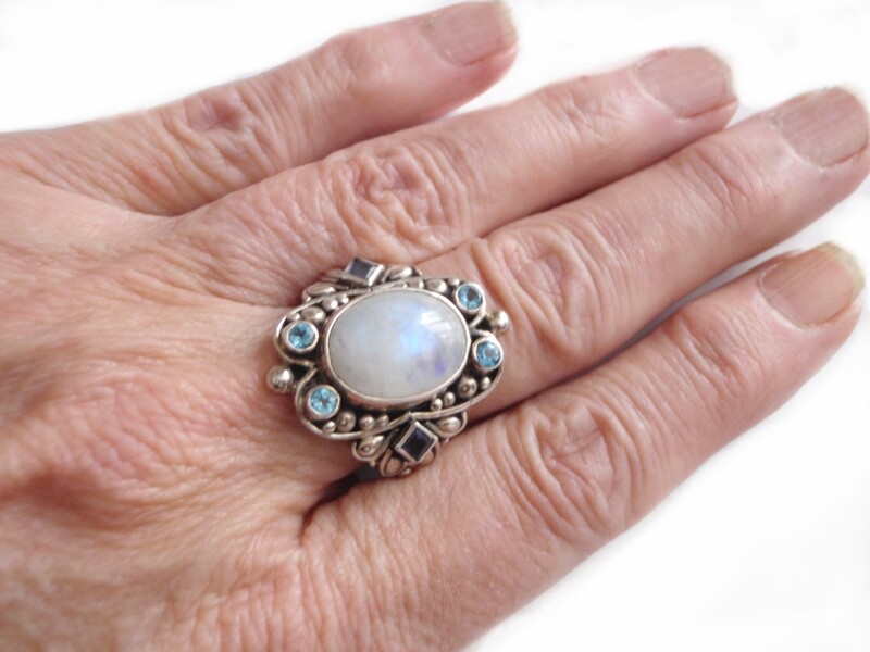 Moonstone Blue Topaz Amethyst Silver Bohemian Statement Ring