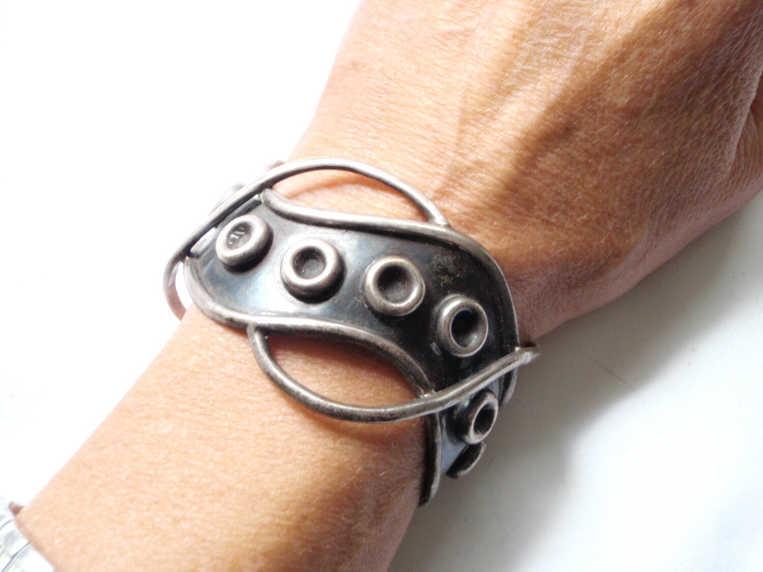 Mid Century Taxco Silver Modernist Cuff Bracelet Open Metalwork