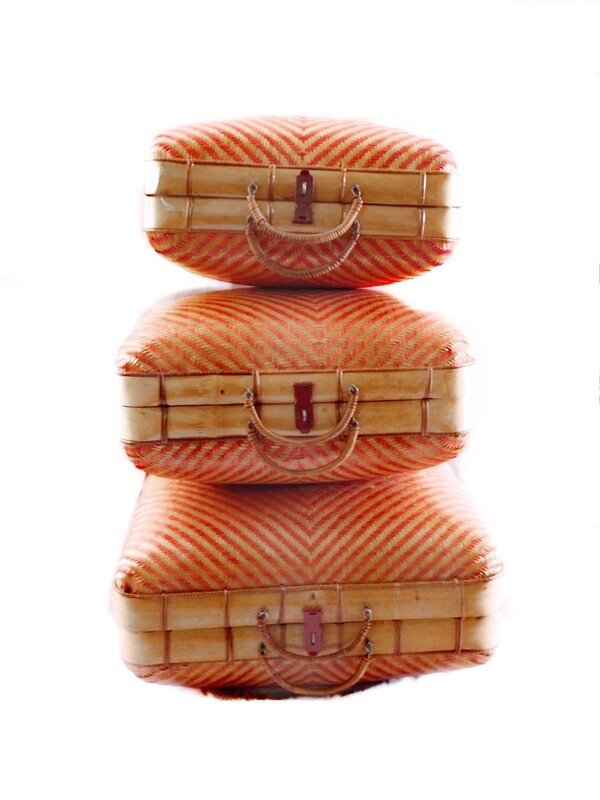 3 Vintage Wicker Bamboo Nesting Suitcases Travel Bags