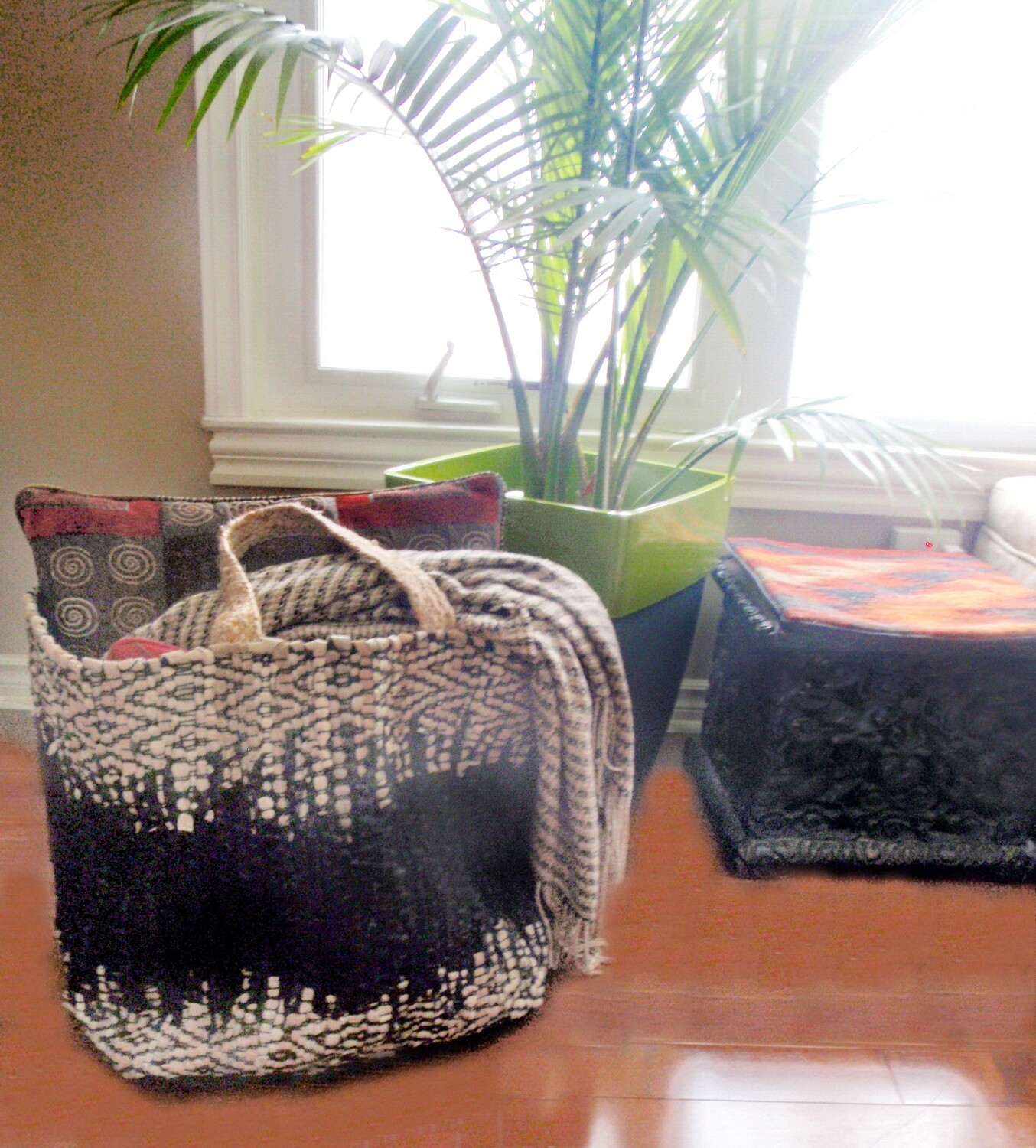 LARGE Woven Leather Storage Basket Shopping Bag Blanket Hamper