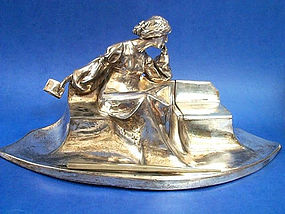 French Art Nouveau Silvered Pewter Figural Lady Desk Set Inkwell