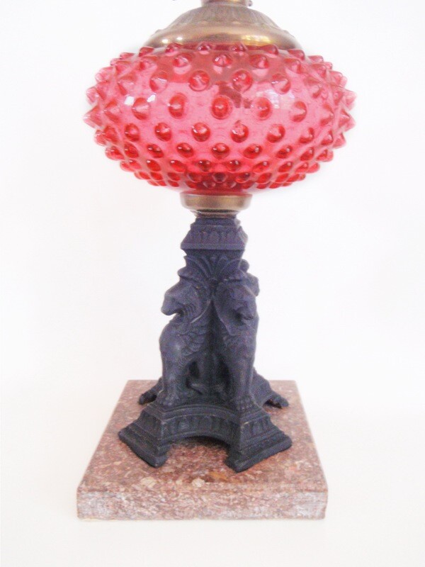 Victorian Griffen and Hobnail Cranberry Glass Oil Lamp Signed 1867