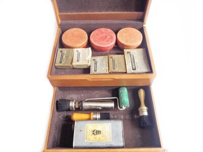 Vintage 13 pc Brass Stencil Set Brushes, Liquid and Pad Ink 5 Boxes of Stencils