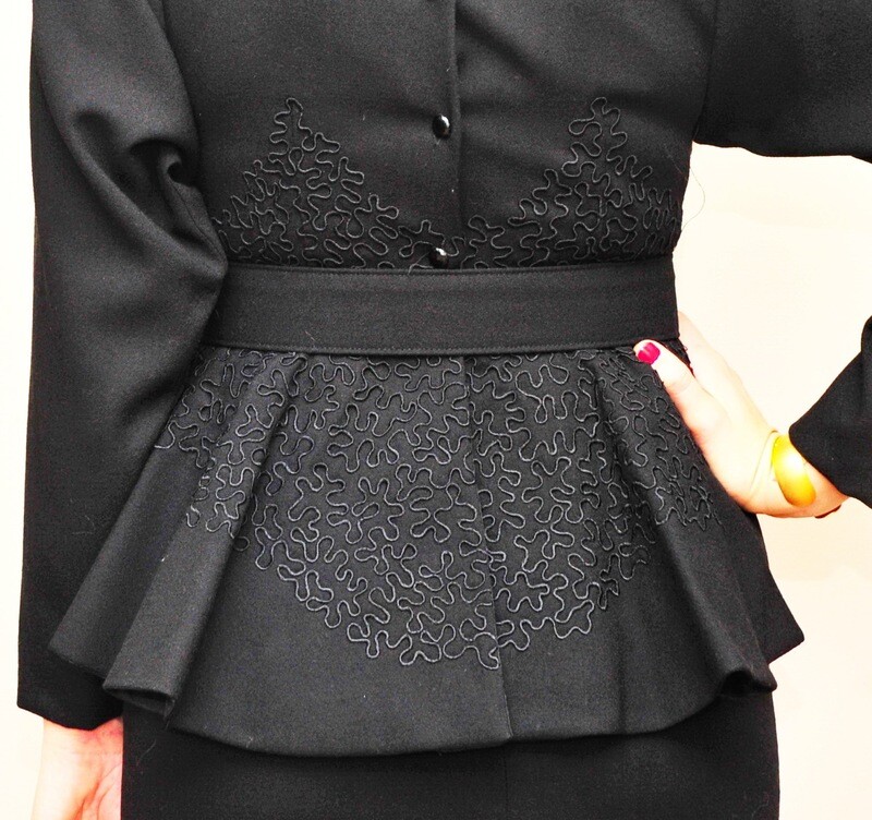 Beautiful embroidered wool dress with peplum 