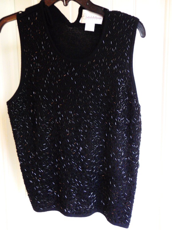 Beaded 2pc Black Wool Cardigan and Tank Top Set