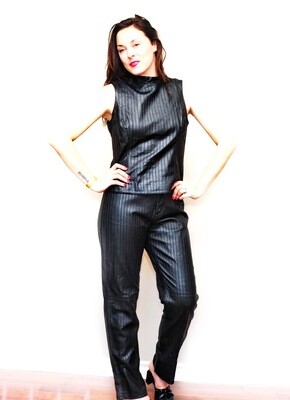 Vintage Sexy Black Leather Pin Stripe Pant Suit