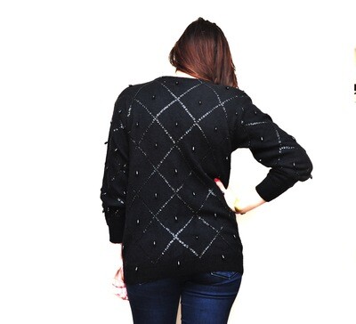 Black Jet Beaded Accents on Vintage 1990s Claiborne Pull Over Sweater
