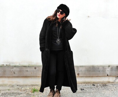 HOLD Vintage Black Lambskin and Suede Full Length Winter Coat