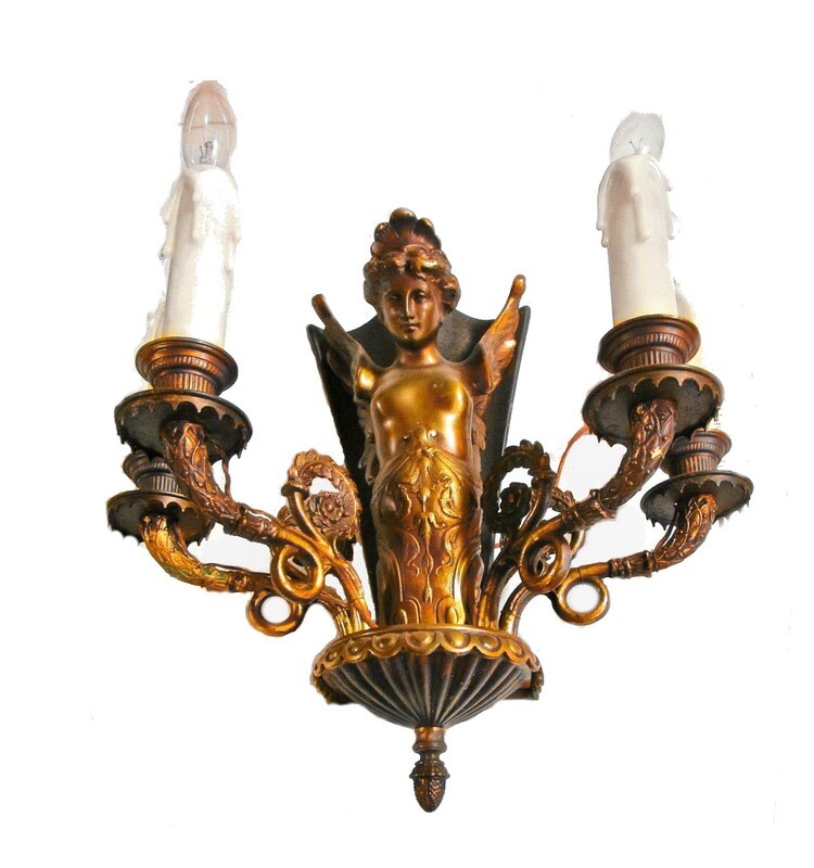 2 Antique Art Nouveau 4 Arm Winged Siren Wall Sconces