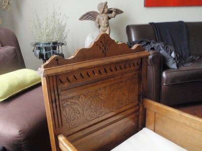 Art Nouveau Baby Doll Hand Carved Oak Wood Bassinet