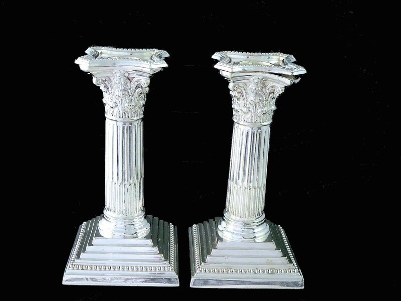 Pair Vintage Silver Plate Corinthian Candlesticks Candle Holders