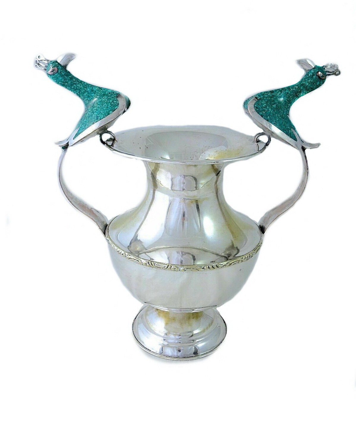 Vintage Taxco Inlaid Turquoise Bird Silver Vase