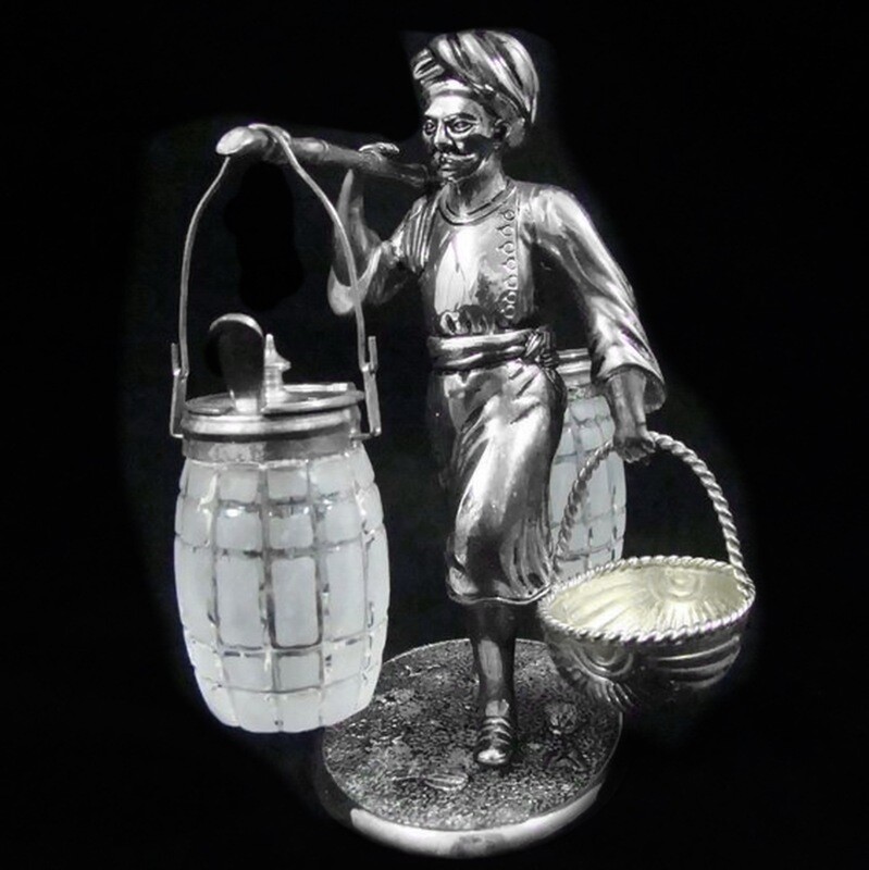Antique Asian Figural Silver and Glass Cruet Set