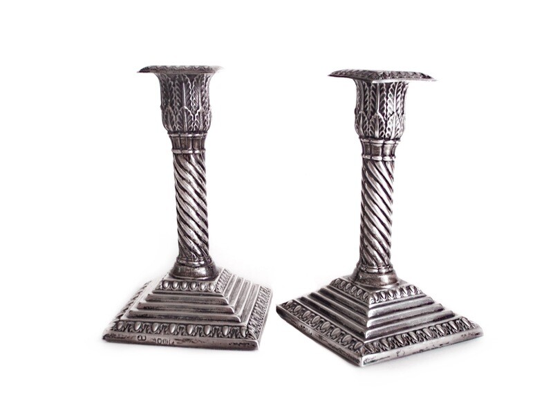 1883 Pair Jacob Berman Sterling Silver Corinthian Candlesticks