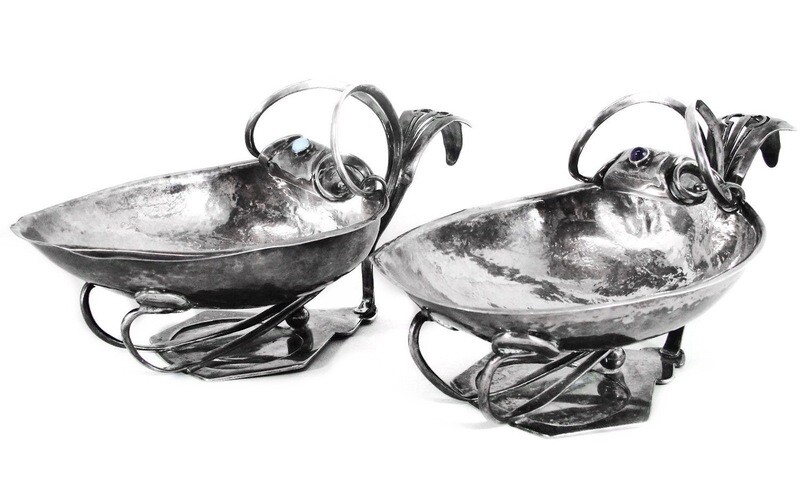 2 Large Antique Hammered Silver Bowls with Amethyst Moonstone