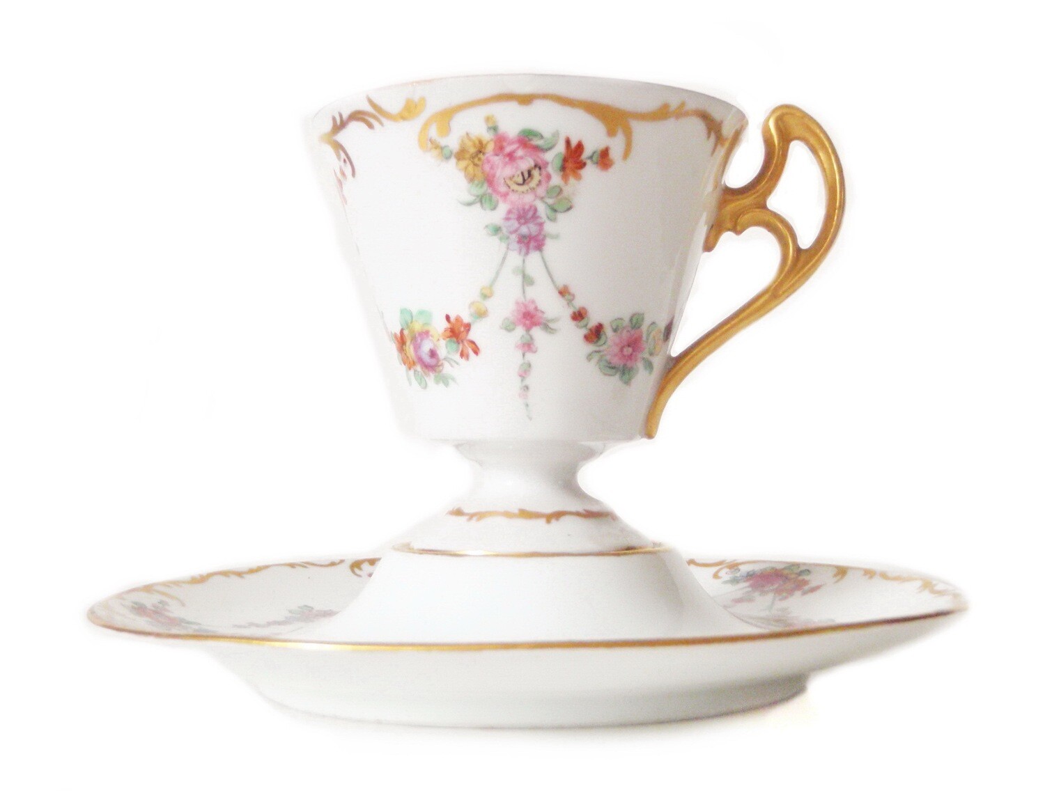 Pair Antique Gilt Floral Swag Porcelain Teacup and Saucers