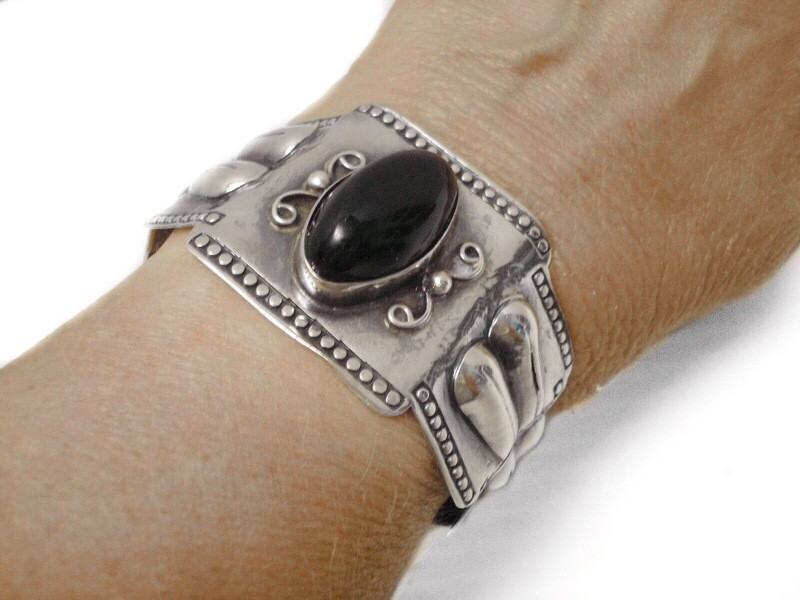 Wide Taxco Onyx Cuff Bracelet 