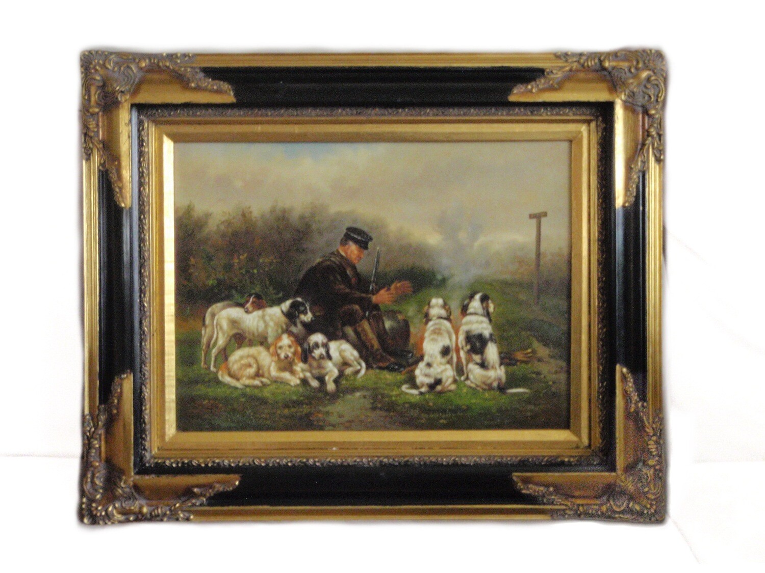 Hunting Scene Oil Painting with Spaniel Dogs Gilt Frame