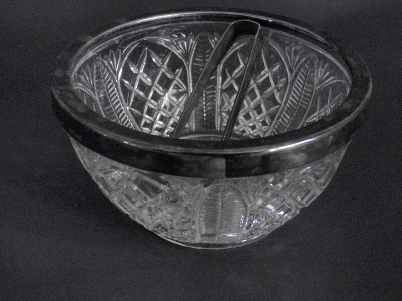 Vintage Cut Glass Silver Sugar Bowl with Tongs