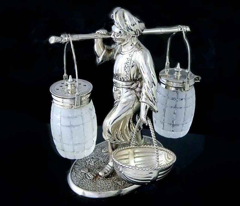 Rare Asian Man Figural Silver Cruet Set 