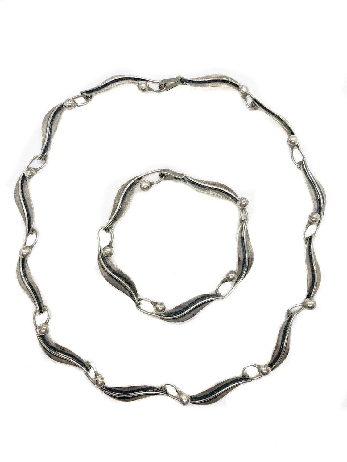 Taxco Silver Leaf Link Necklace Bracelet Brooch Earrings Set