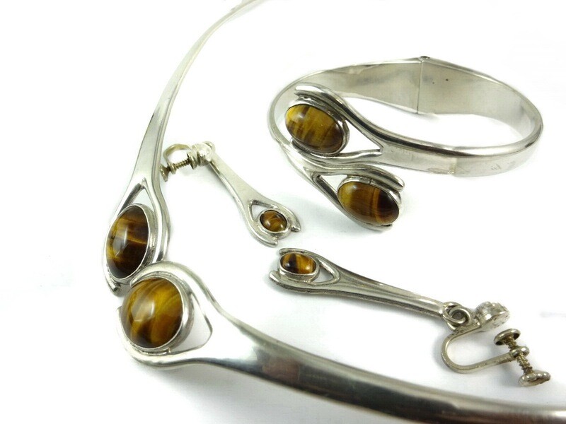 Taxco Tiger Eye Necklace, Bracelet, Earring 3 Piece Set