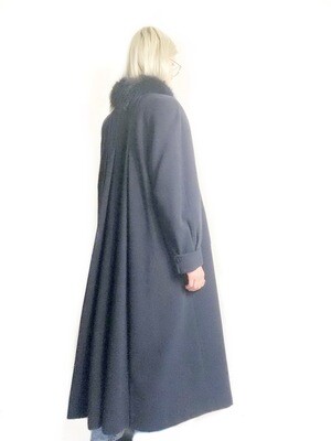 Fabulous 80s Navy Pure Wool Fur Pleated Full Length Coat