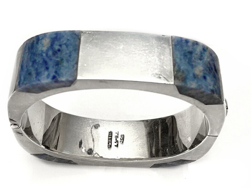 Taxco 950 Inlaid Lapis Square Hinged Cuff Bracelet