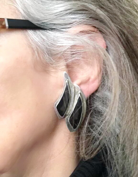 Taxco Onyx and Sterling Clip On Earrings
