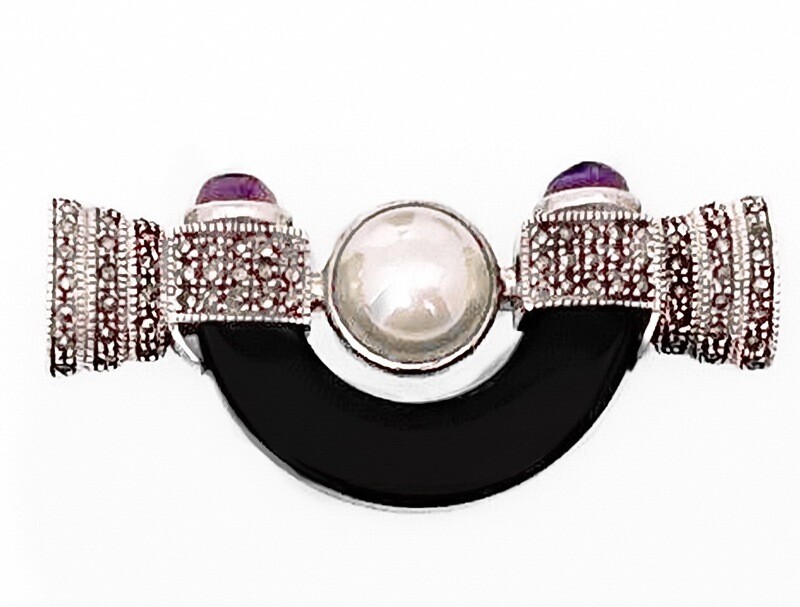 Art Deco Onyx, Amethyst, Marcasite Sterling Brooch