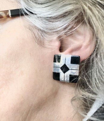 Large Taxco Onyx Clip On Earrings 