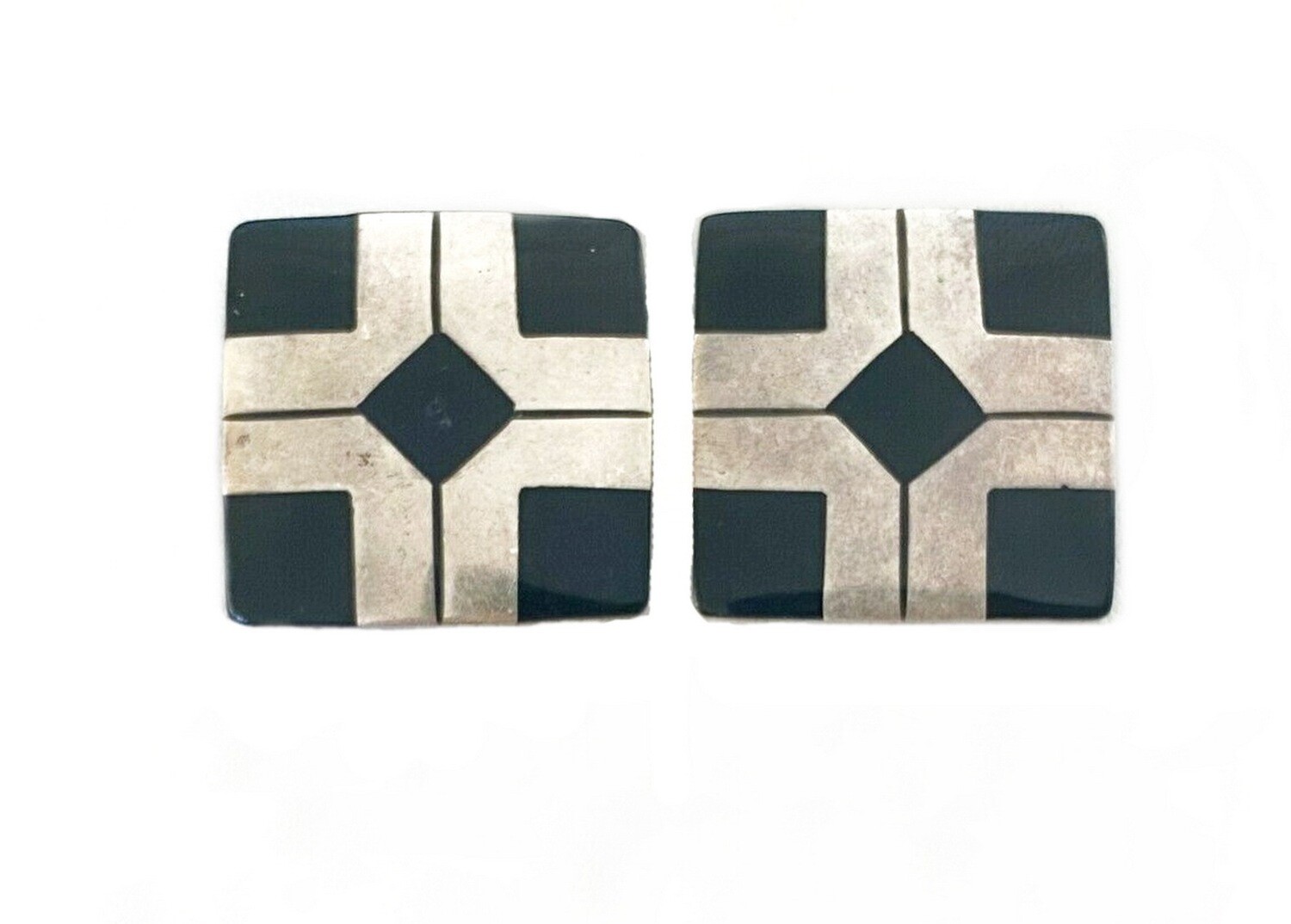 Taxco Inlaid Geometric Onyx Vintage Clip Earrings