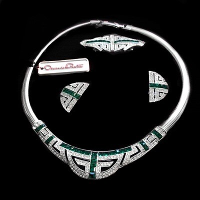 VTG Oscar de la Renta Emerald Necklace, Earrings, Brooch Set