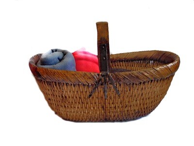 Antique Asian Handwoven Cane and Metal Basket