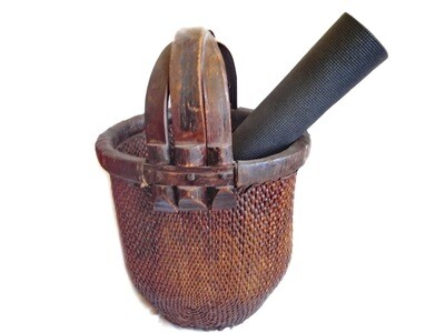 Tall Antique Asian Handwoven Cane Wood Storage Basket