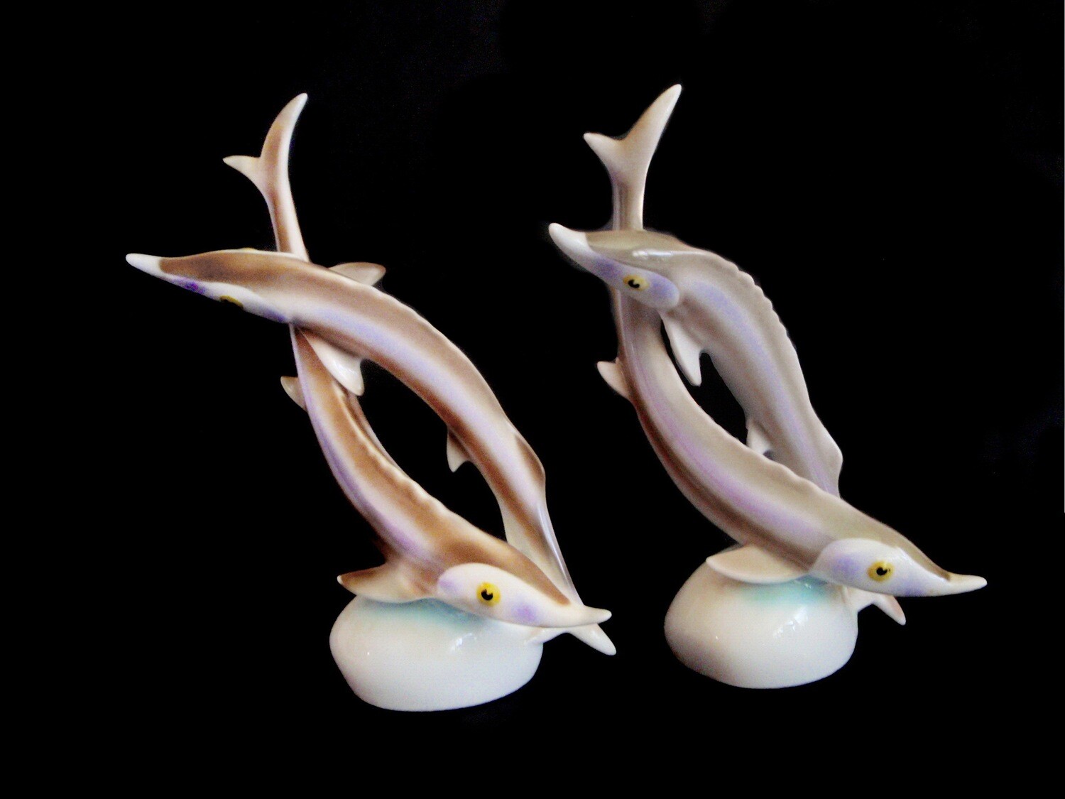 2 Hollohaza Hungarian HP Porcelain Sturgeon Figurines