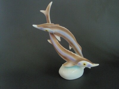 2 Hollohaza Hungarian HP Porcelain Sturgeon Figurines