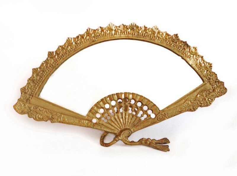 Antique Art Nouveau Brass Fan Shaped Table Mirror