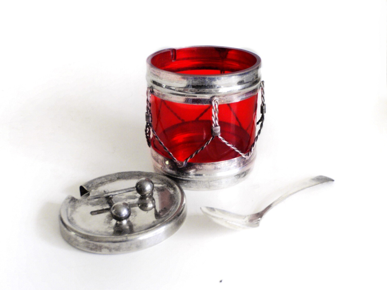 Novelty Silver Ruby Insert Drum Jam Jelly Condiment Jar