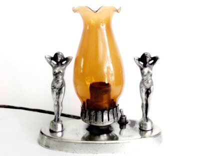 Art Deco Silver Plate Double Lady Lamp Amber Shade