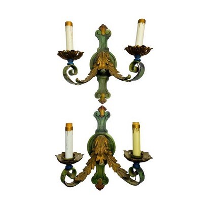2 French Iron Brass Acanthus Leaf Two Arm Wall Sconces