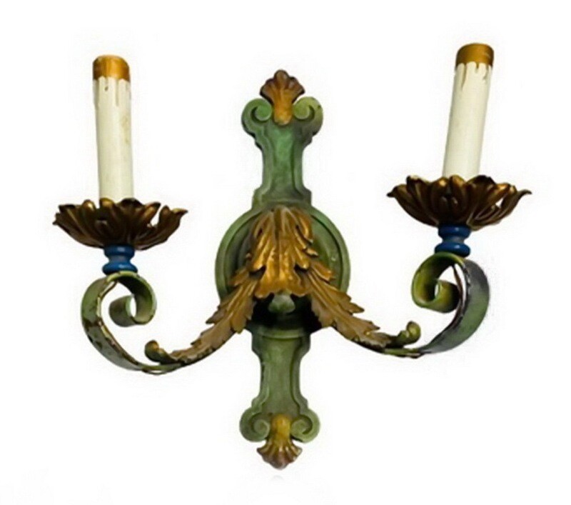 2 French Iron Brass Acanthus Leaf Two Arm Wall Sconces